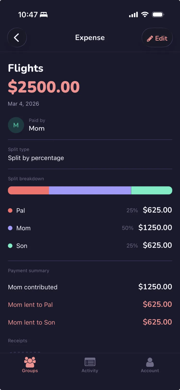 Expense detail with split breakdown